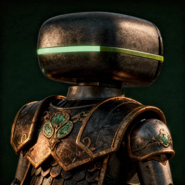 TZUBOT robot with bronze armour and a jade visor